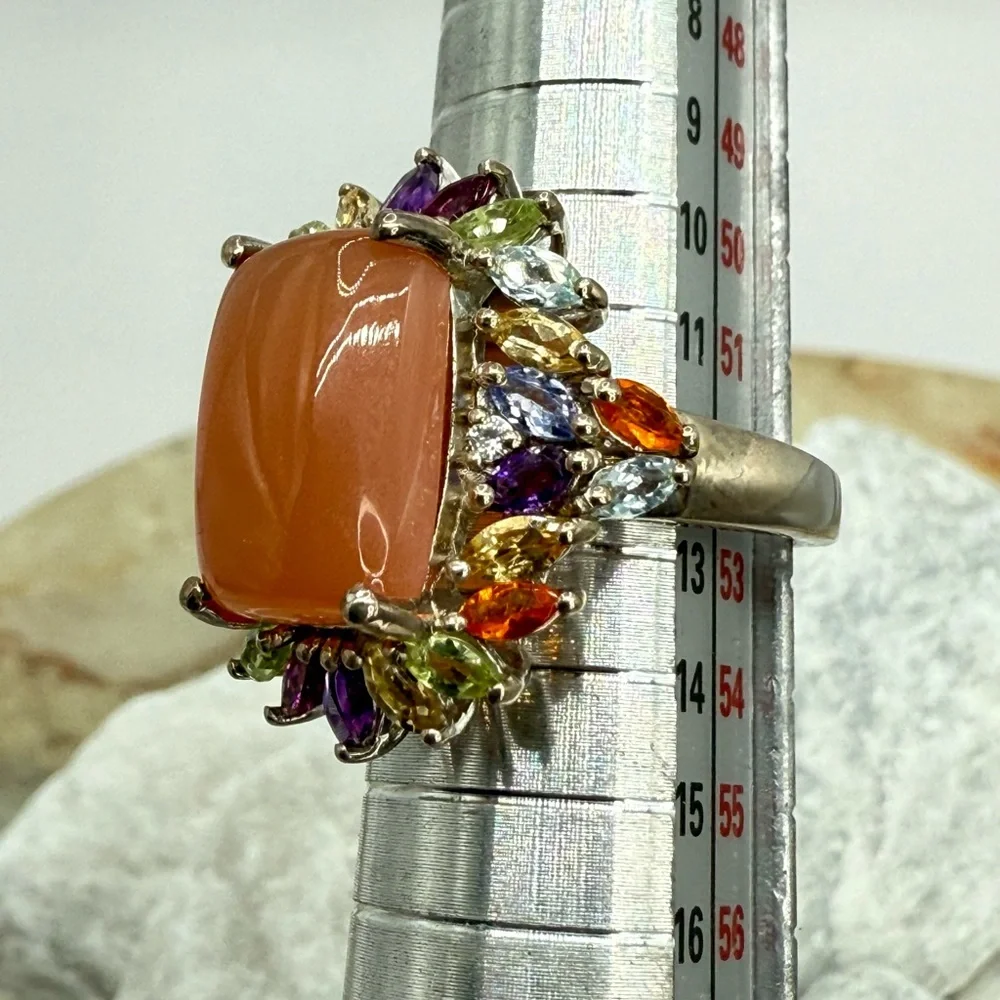 NWT Peach Moonstone & Multi-Gemstone Cocktail Ring 9.85 ctw Platinum Over 925 SS